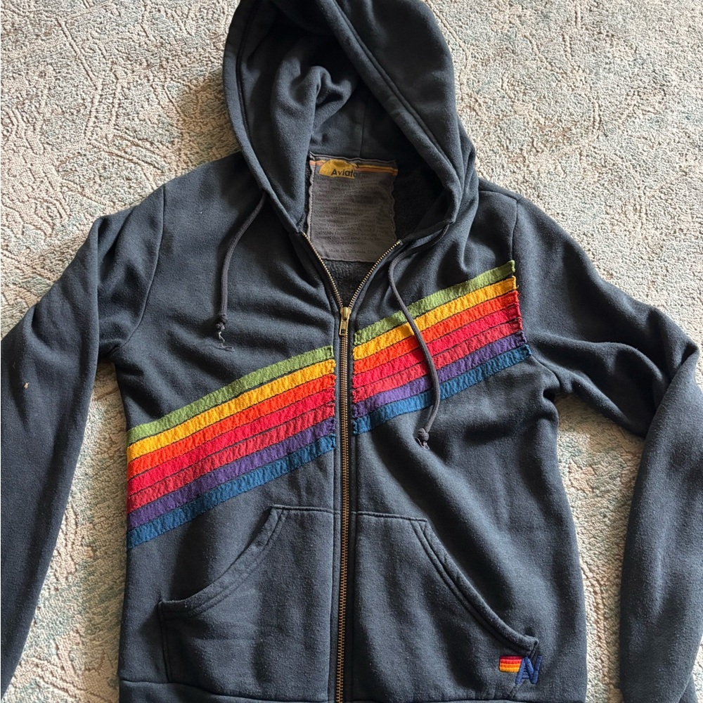 Aviator Nation Charcoal Hoodie with Rainbow Stripes
